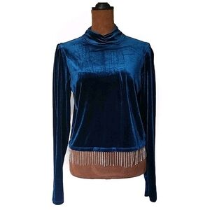 Joie Top Size M Velvet Long‎ Sleeve Teal Cropped High Neck Sparkle Fringe